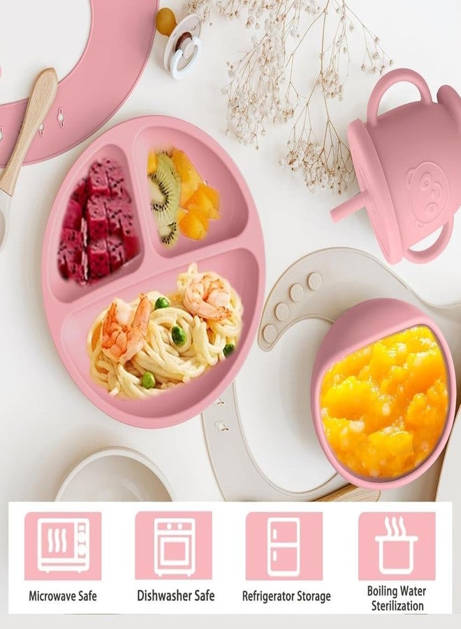 BIYALI Baby Feeding Set–6pc Silicone Baby Cutlery Set for Baby 6+ Months–Baby Suction Plate &Spoon Cutlery Set–Silicone bib & Bowl Baby Dining Set–Dishwasher Safe–Toddler Essentials (Light Pink) - Image 4