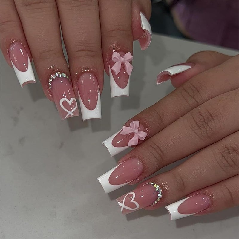 24PCS Long Square French False Nails Fake Nail with 3D Bow Nails Tip with Glue Stick on Nails White French Nail Tips for Women Girls Valentines Days Nails Art