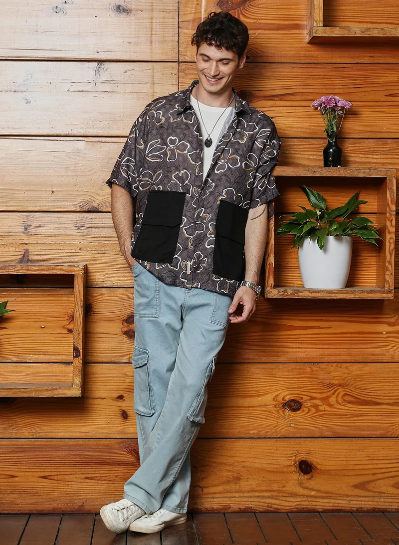 Campus Sutra Men's Ash Brown Flora-Imprint Oversized Shirt