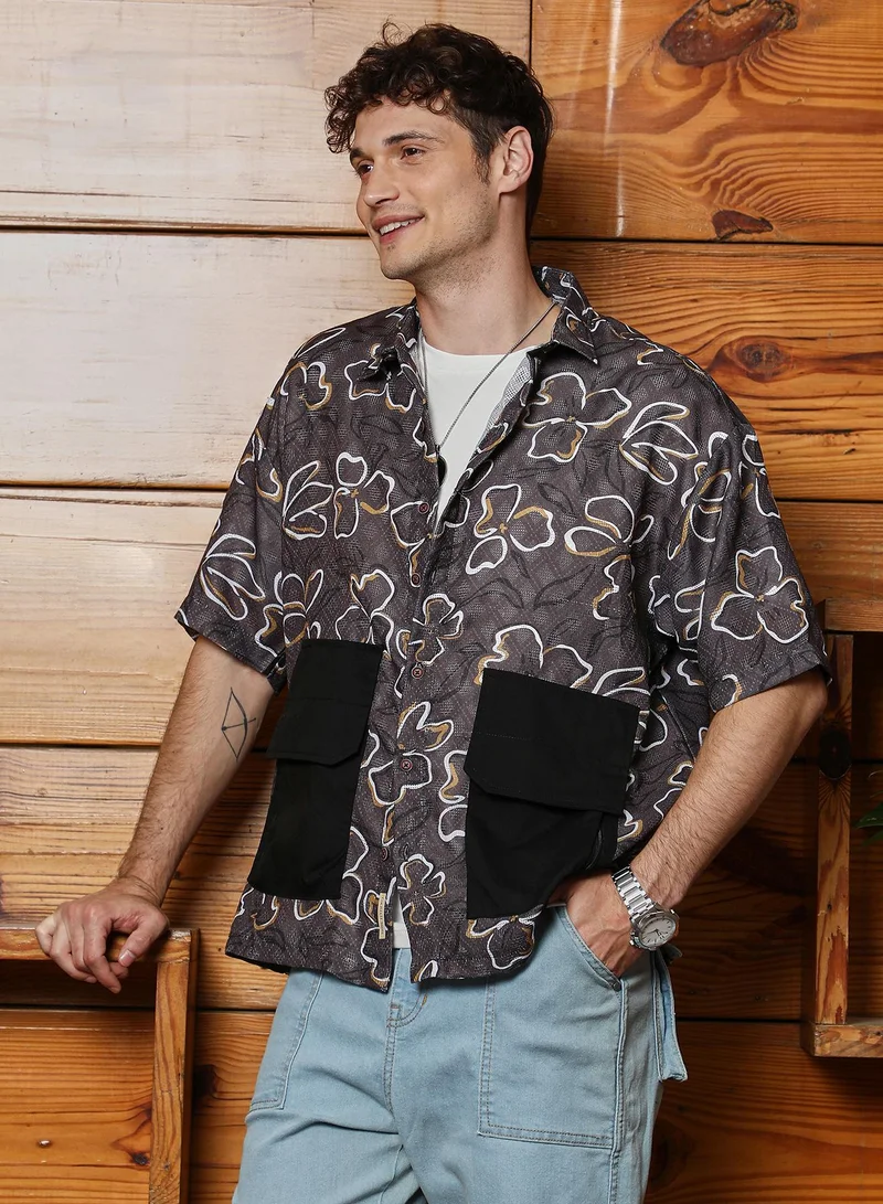 Campus Sutra Men's Ash Brown Flora-Imprint Oversized Shirt