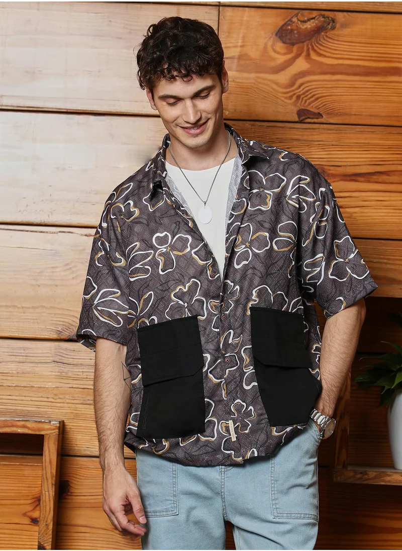 كامبوس سوترا Men's Ash Brown Flora-Imprint Oversized Shirt