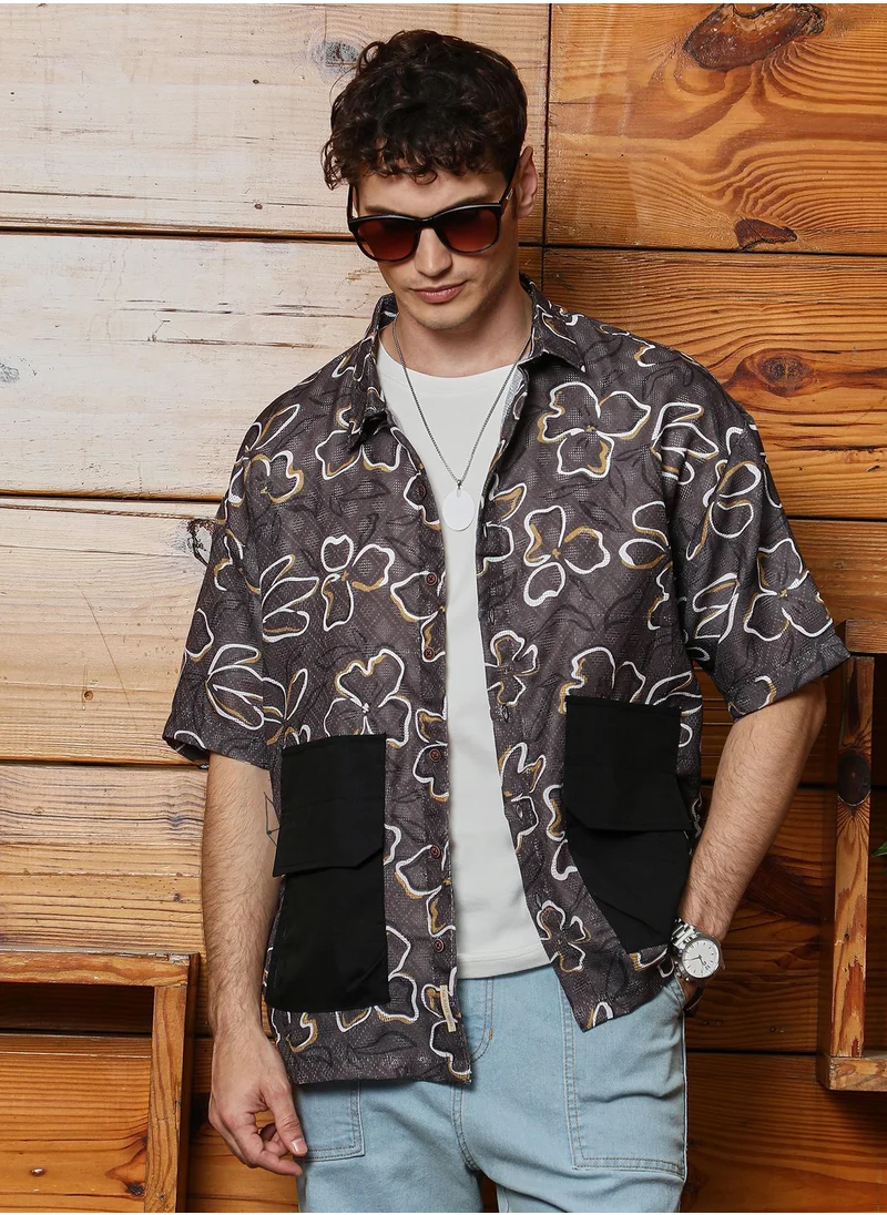 كامبوس سوترا Men's Ash Brown Flora-Imprint Oversized Shirt