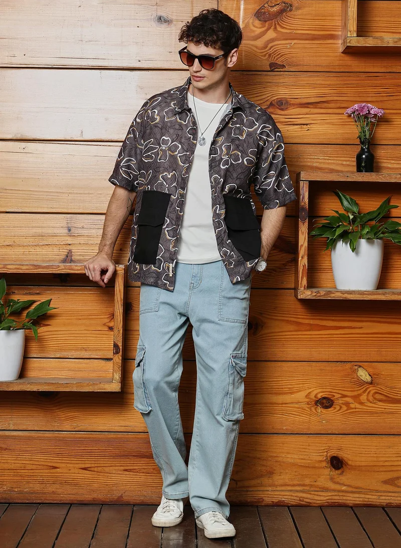 Campus Sutra Men's Ash Brown Flora-Imprint Oversized Shirt