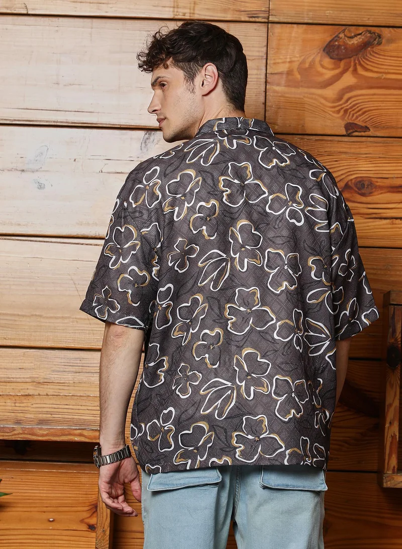 Campus Sutra Men's Ash Brown Flora-Imprint Oversized Shirt