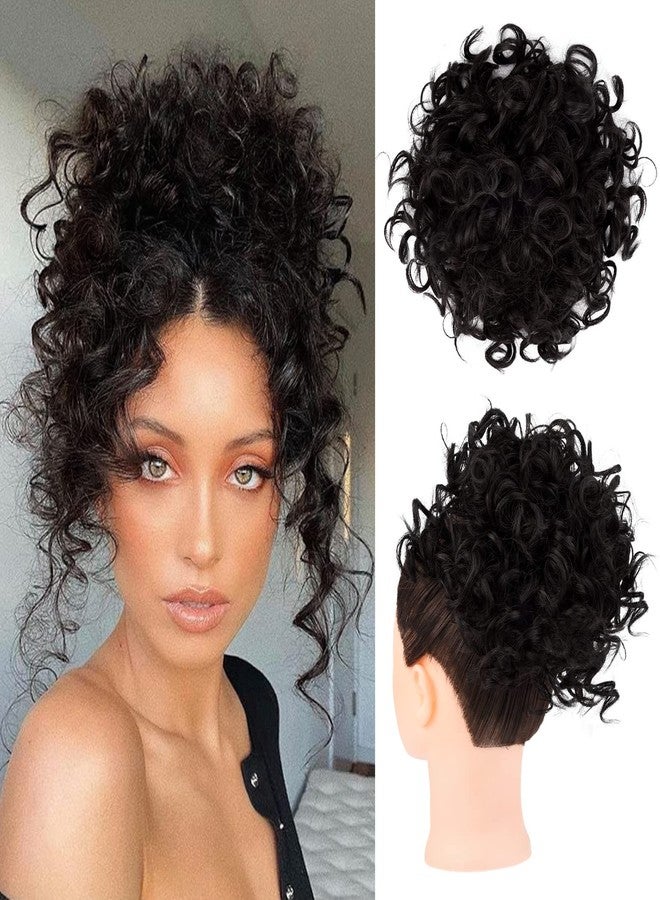 HOOJIH Messy Hair Bun Hair Piece Elastic Drawstring Loose Wave Large Curly Bun Short Synthetic Ponytail Extension Hair Bun Extension for Women Daily Use - Black Brown - Image 1
