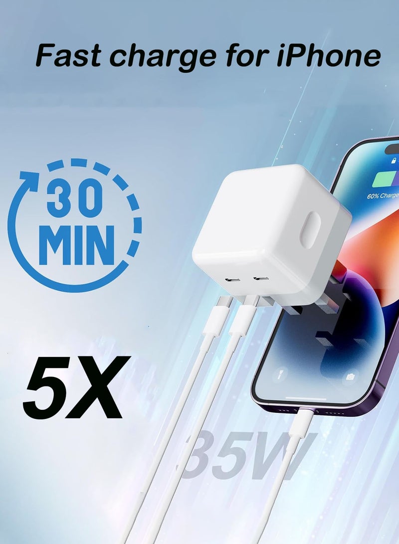 مكعب جي شاحن سريع بقوة 35 وات لهاتف iPhone بمنفذين من النوع C مع كابل Lightning سريع بطول 1 متر، شاحن من النوع C بمقبس USB C قابل للطي متوافق مع iPhone 14/14Pro/14Pro Max/14 Plus/13Pro Max/13 Pro/13/12/11/XS iPad Mini 6/ iPad Pro الجديد - Image 2