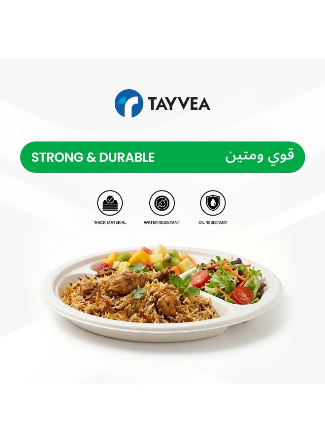 Tayvea 10" 3CP Bagasse Plates | 100% Compostable Sugarcane Plates | Microwaveable, Ovenable & Freezer Safe | Food-Grade Eco Disposable Plates | Pack of 25 - Image 3