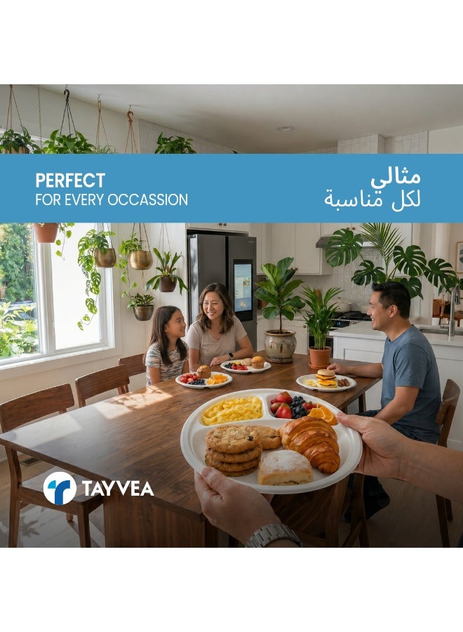 Tayvea 10" 3CP Bagasse Plates | 100% Compostable Sugarcane Plates | Microwaveable, Ovenable & Freezer Safe | Food-Grade Eco Disposable Plates | Pack of 25 - Image 4
