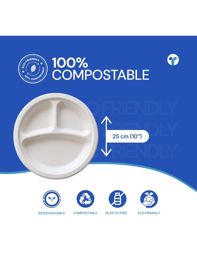 Tayvea 10" 3CP Bagasse Plates | 100% Compostable Sugarcane Plates | Microwaveable, Ovenable & Freezer Safe | Food-Grade Eco Disposable Plates | Pack of 25 - Image 2