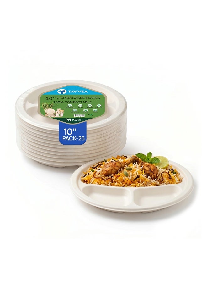 Tayvea 10" 3CP Bagasse Plates | 100% Compostable Sugarcane Plates | Microwaveable, Ovenable & Freezer Safe | Food-Grade Eco Disposable Plates | Pack of 25 - Image 1