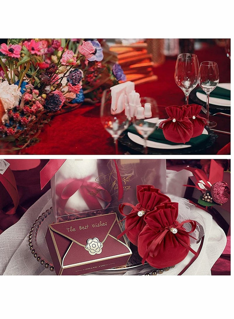 Elegant Dark Red Velvet Drawstring Gift Pouches with Imitation Pearl Charm, Perfect for Jewelry & Candy, 12 Pcs, 13.2 x 14 cm, Ideal for Weddings & Birthdays - Image 2