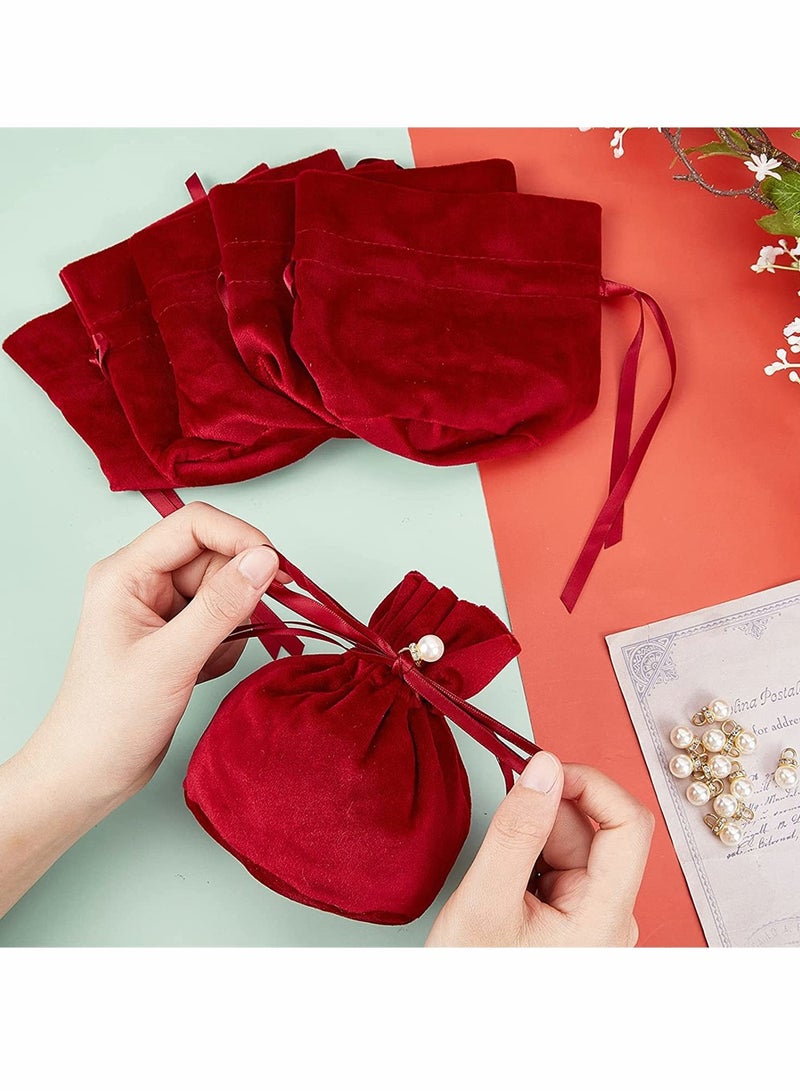 Elegant Dark Red Velvet Drawstring Gift Pouches with Imitation Pearl Charm, Perfect for Jewelry & Candy, 12 Pcs, 13.2 x 14 cm, Ideal for Weddings & Birthdays - Image 5