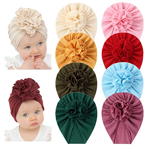 Angla 8 Pack Solid Cotton Turban Hats Large Flower Hair Bows Knot Wide Headwraps Beanie Muslim Islamic India Cap Bonnet Hat for Newborn Infant Toddlers Kids Baby Girls - Image 1