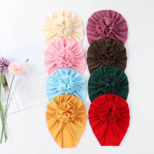 Angla 8 Pack Solid Cotton Turban Hats Large Flower Hair Bows Knot Wide Headwraps Beanie Muslim Islamic India Cap Bonnet Hat for Newborn Infant Toddlers Kids Baby Girls - Image 5