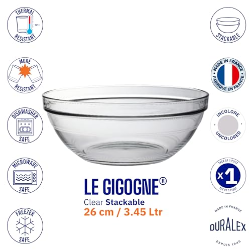 Duralex® France Gigogne Clear Stackable Glass Bowl 3.45L | 1 Bowl | Use for Dough, Batter, Mixing & More | Scratch-Resistant, Durable, Microwave & Dishwasher Safe - Image 4
