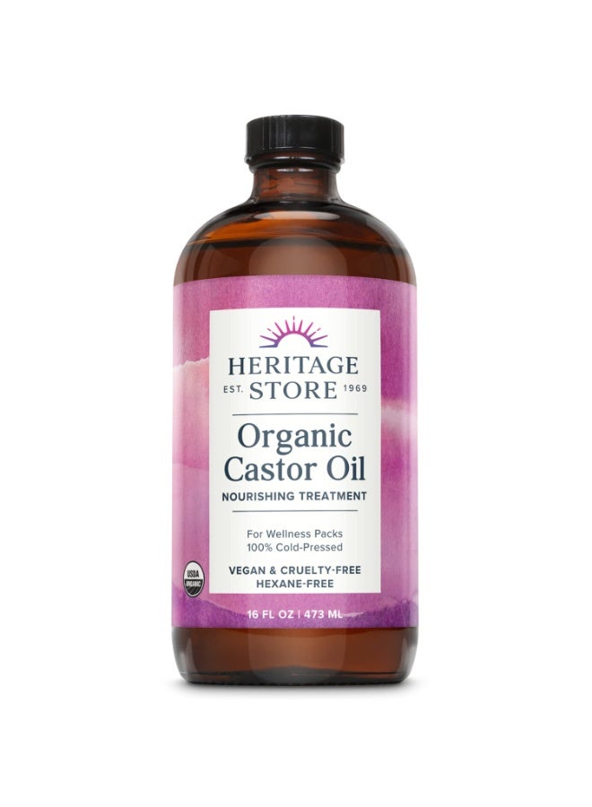 HERITAGE STORE Organic Castor Oil - Glass Bottle - Nourishing Treatment for Hair and Skin - Eyelash Serum for Eyelashes, Brows, Castor Oil Packs - Cold Pressed, Hexane Free, Vegan 16oz - Image 1