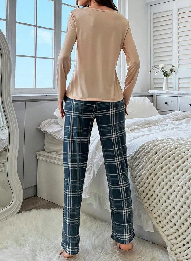 تايك تو طقم تيشيرت بعبارة مطبوعة مع بنطال بنقشة مربعات