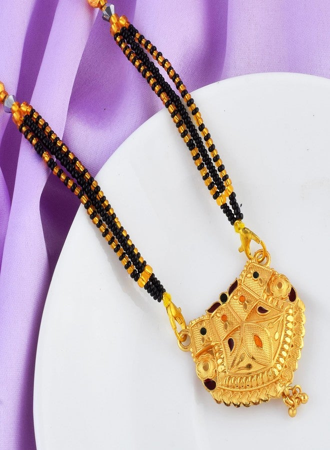 DULCI Traditional Gold-Plated Mangalsutra with Floral Motif Pendant & Black Beads - Image 4