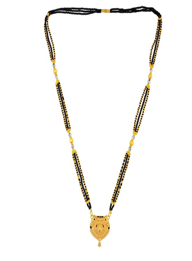 DULCI Traditional Gold-Plated Mangalsutra with Floral Motif Pendant & Black Beads - Image 5