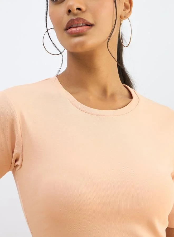 Sassafras  SASSAFRAS Peach Ribbed Short Sleeves Top for Women | Best Price UAE