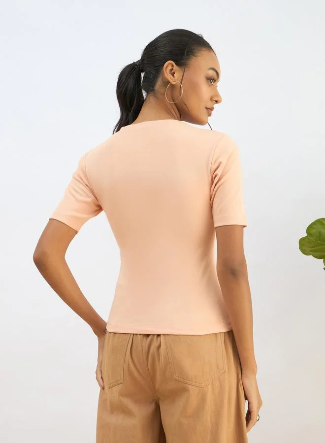 Sassafras  SASSAFRAS Peach Ribbed Short Sleeves Top for Women | Best Price UAE