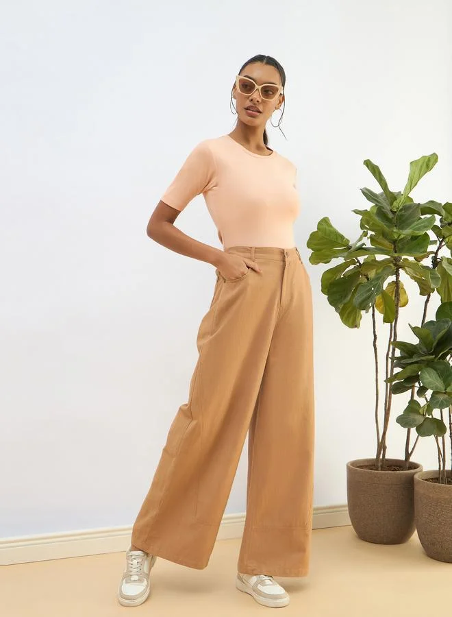 ساسافراس بلوزة قصيرة بأكمام قصيرة مضلعة خوخ ساسافراس