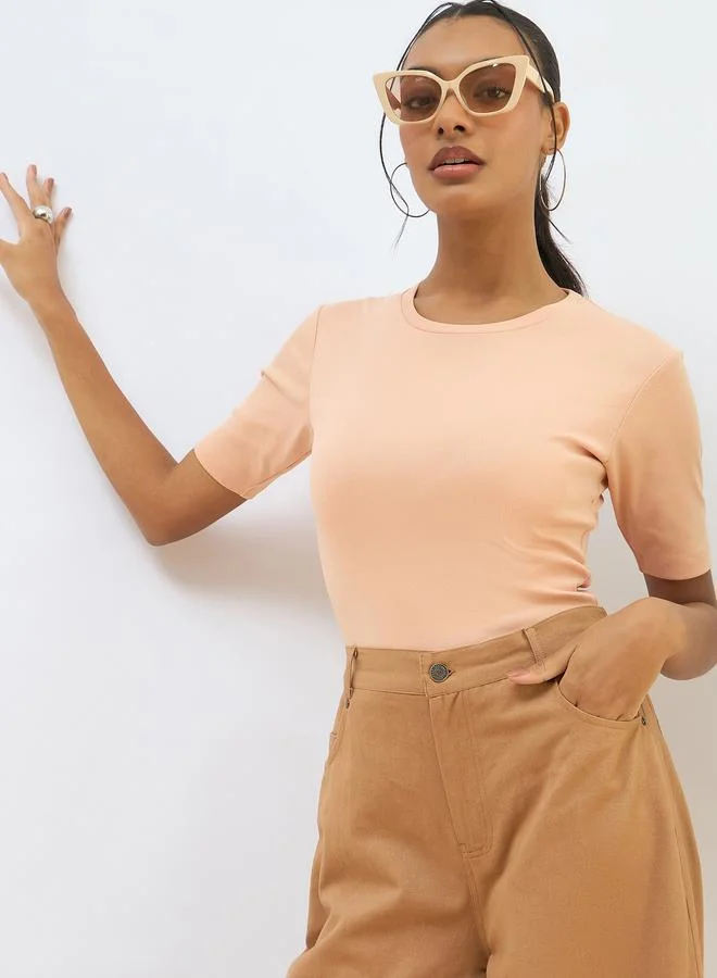 Sassafras  SASSAFRAS Peach Ribbed Short Sleeves Top for Women | Best Price UAE