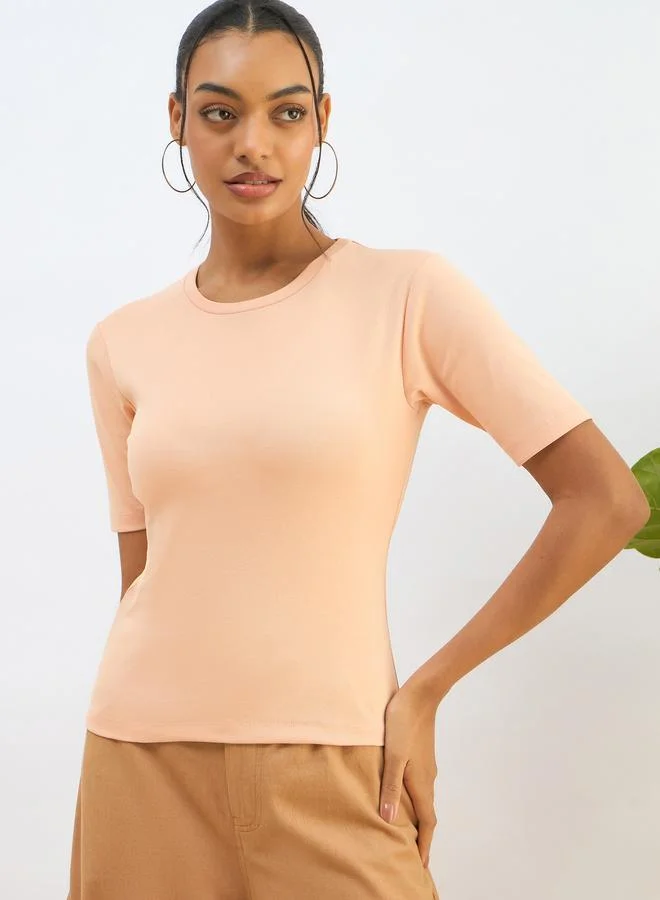 Sassafras  SASSAFRAS Peach Ribbed Short Sleeves Top for Women | Best Price UAE