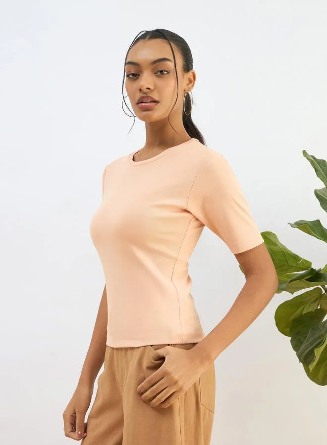 ساسافراس بلوزة قصيرة بأكمام قصيرة مضلعة خوخ ساسافراس