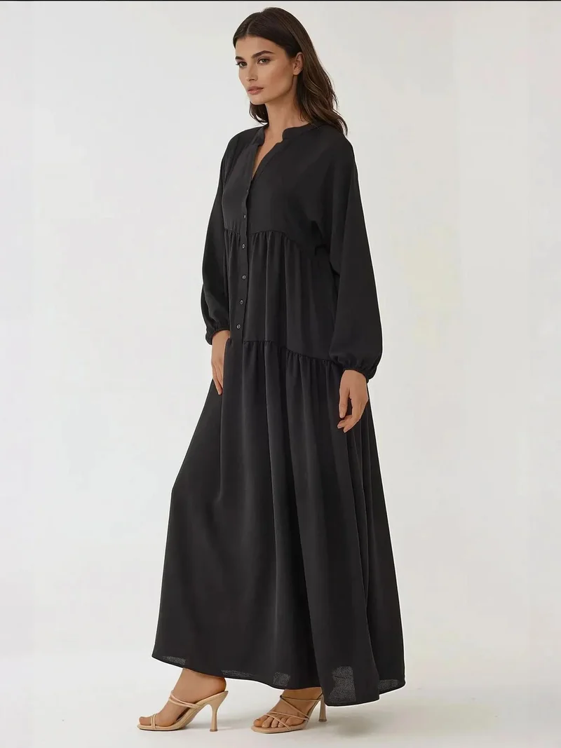 هيكاب فستان ماكسي بياقة على شكل حرف  مزين بأزرار