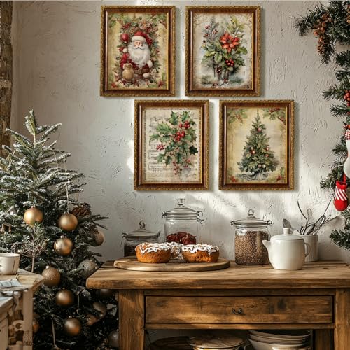 JXREQ Vintage Christmas Bathroom Wall Decor Prints,Retro Christmas Wall Art Decorations for Home Kitchen Bedroom Bathroom Living Room Office,Santa Claus Xmas Tree Decor Prints Set of 4,8x10 Unframed - Image 4