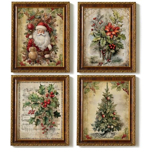 JXREQ Vintage Christmas Bathroom Wall Decor Prints,Retro Christmas Wall Art Decorations for Home Kitchen Bedroom Bathroom Living Room Office,Santa Claus Xmas Tree Decor Prints Set of 4,8x10 Unframed - Image 1