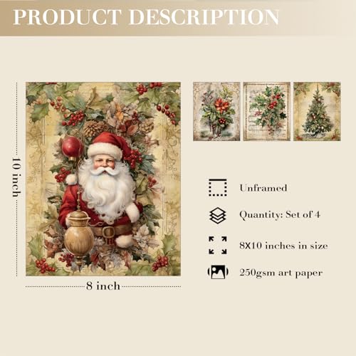 JXREQ Vintage Christmas Bathroom Wall Decor Prints,Retro Christmas Wall Art Decorations for Home Kitchen Bedroom Bathroom Living Room Office,Santa Claus Xmas Tree Decor Prints Set of 4,8x10 Unframed - Image 2