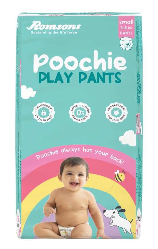 Romsons Poochie Play Pants Baby Diapers - S (40 Pieces) | Suitable for 3-8 KG | 360° Comfort Fit and Leakproof Upto 10 Hrs. - Image 1