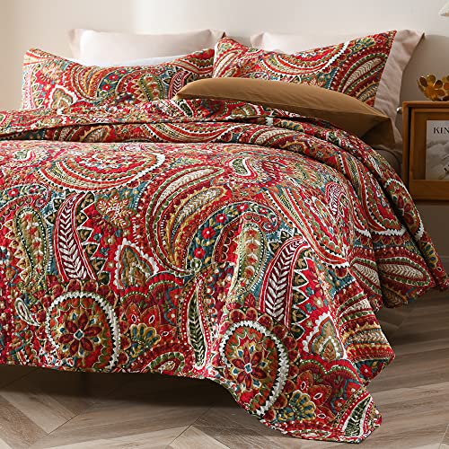 ENASAL Cotton Bedspread Quilt Sets, Reversible Bedding Coverlet Sets Comforter, Floral Paisley Bedspread (Red, King Size) - Image 2