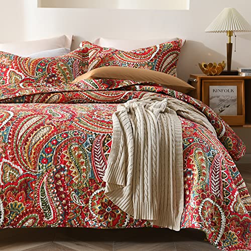 ENASAL Cotton Bedspread Quilt Sets, Reversible Bedding Coverlet Sets Comforter, Floral Paisley Bedspread (Red, King Size) - Image 3