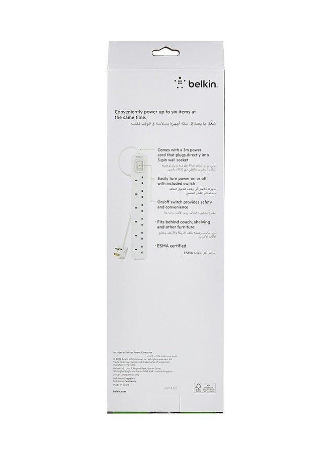 belkin - Belkin 6 Way/6 Plug 3m Power Extension Strip with On/Off Switch for Televisions, Gaming Consoles, Home, Office and More - White - Image 1