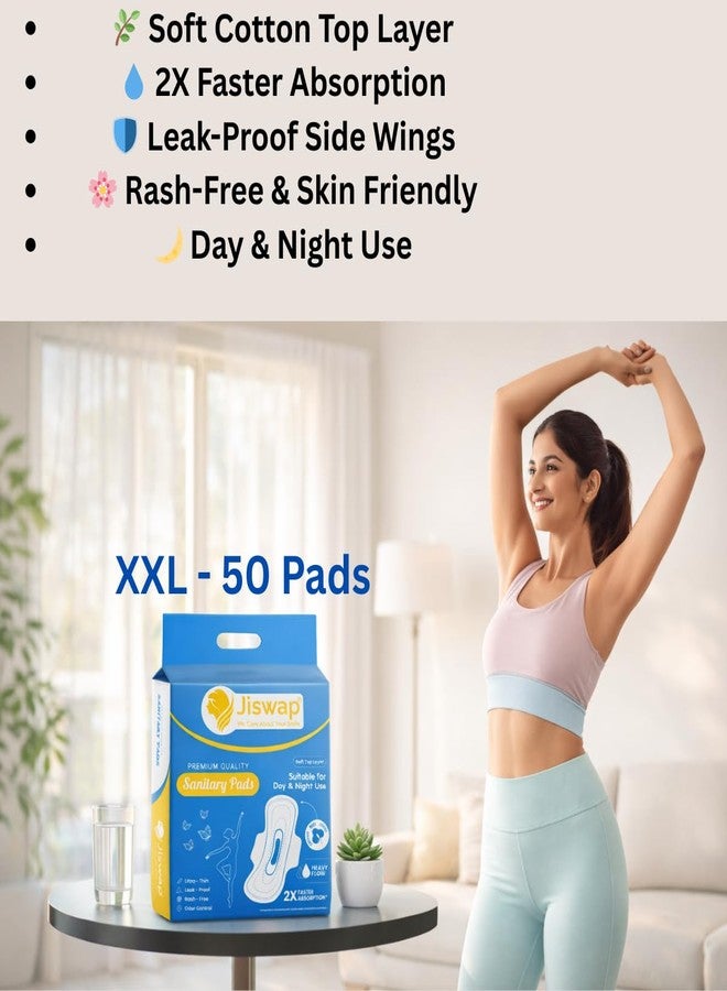 Jiswap XXL 50 pads Cotton Soft Sanitary Pads for Women | with Leak Lock Technology | Odour Control | Absorbs upto 100% Fluid | Up to 12 Hours of Protection - Image 2