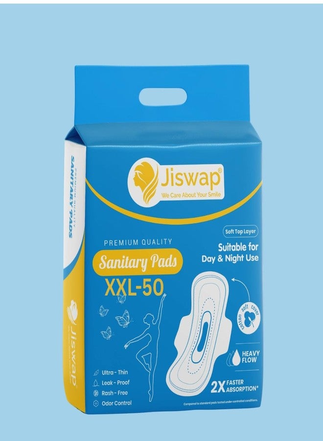 Jiswap XXL 50 pads Cotton Soft Sanitary Pads for Women | with Leak Lock Technology | Odour Control | Absorbs upto 100% Fluid | Up to 12 Hours of Protection - Image 1