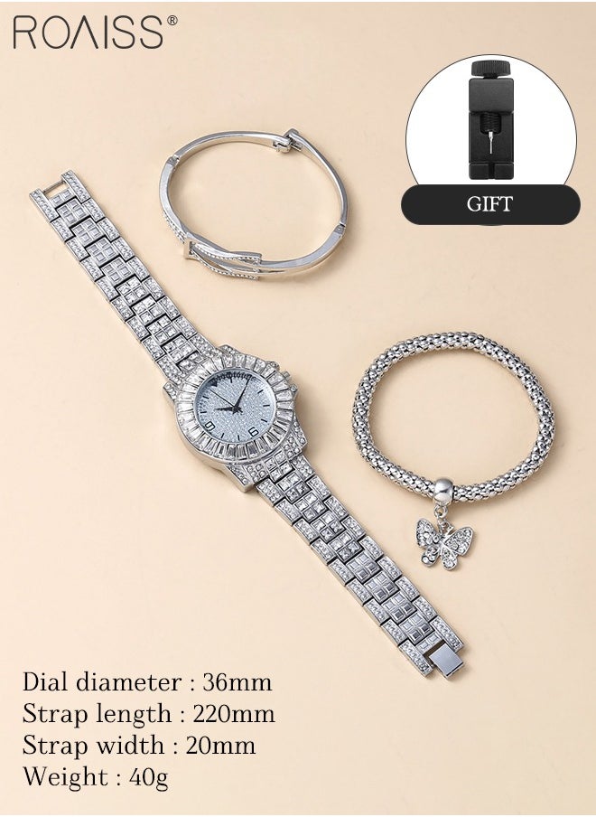 roaiss 3PCS Women's Steel Strap Bracelet Watch Set, Analog Display Round Dial Quartz Watch with Bracelets and Rhinestones Decoration, Luxurious Watch as Gift for Women, Silver  - Image 3