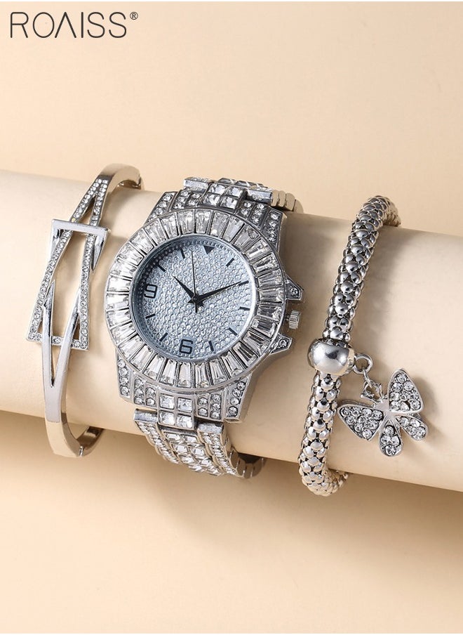 roaiss 3PCS Women's Steel Strap Bracelet Watch Set, Analog Display Round Dial Quartz Watch with Bracelets and Rhinestones Decoration, Luxurious Watch as Gift for Women, Silver  - Image 2