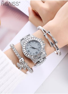 roaiss 3PCS Women's Steel Strap Bracelet Watch Set, Analog Display Round Dial Quartz Watch with Bracelets and Rhinestones Decoration, Luxurious Watch as Gift for Women, Silver  - Image 1