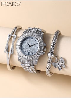 roaiss 3PCS Women's Steel Strap Bracelet Watch Set, Analog Display Round Dial Quartz Watch with Bracelets and Rhinestones Decoration, Luxurious Watch as Gift for Women, Silver  - Image 2