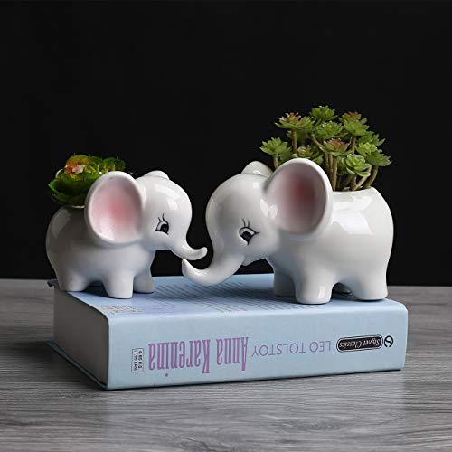 Ogrmar 2PCS Elephant Plant Window Boxes Cute Elephant Flower Pot/Modern White Ceramic Succulent Planter Pots/Tiny Flower Plant Containers Animal Decor - Image 4