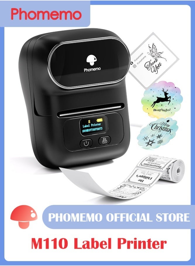 phomemo Portable M110 Bluetooth Thermal Label Printer with 20-50 mm Print Width, Mini Barcode Sticker Maker for Retail Pricing, Home Organization, Shipping, Clothing and Jewelry Labels, Compatible with Android and iOS, Includes 1 Roll 40×30 mm Tape (Black) - Image 1