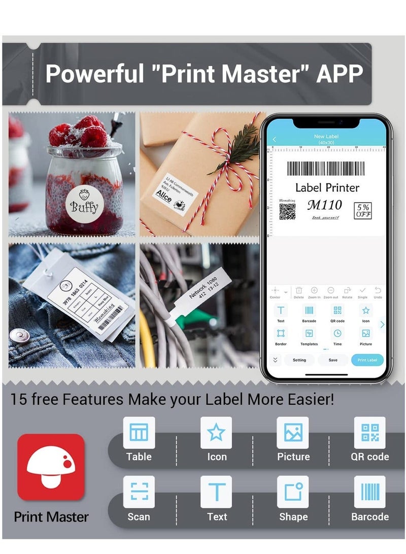 phomemo Portable M110 Bluetooth Thermal Label Printer with 20-50 mm Print Width, Mini Barcode Sticker Maker for Retail Pricing, Home Organization, Shipping, Clothing and Jewelry Labels, Compatible with Android and iOS, Includes 1 Roll 40×30 mm Tape (Black) - Image 3