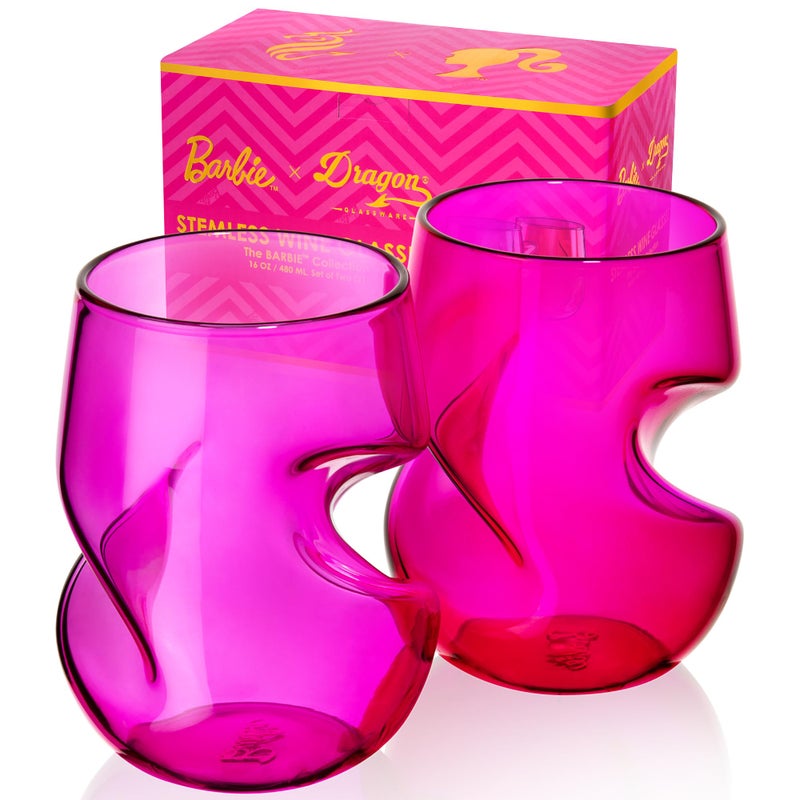 Dragon Glassware x Barbie Wine Glasses  16 oz Magenta  Pink Wine Glasses Set of 2  Stemless with Finger Indentations  Aerates Naturally  Barbie Gifts for Women