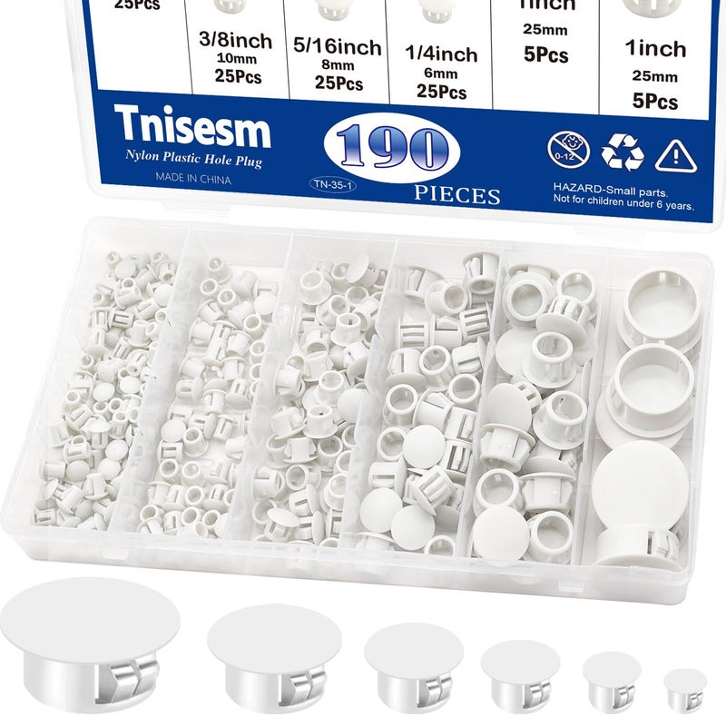 Tnisesm 190Pcs 9 Sizes Nylon Plastic Hole Plugs 15 14 516 38 12 58 34 78 1Round Drill Hole Flush Type Panel Knockout Locking PlugsScrew Covers for Furniture Cabinet Insert End Caps
