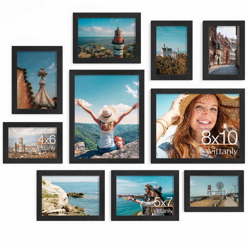 Vittanly 10 Pack Picture Frames Collage Wall Decor, Gallery Wall Frame Set for Wall or Tabletop Display, Engineered Wood and Shatter-resistant Plexiglass, Multi Sizes with 8x10, 5x7, 4x6 Frames, Black - Image 1