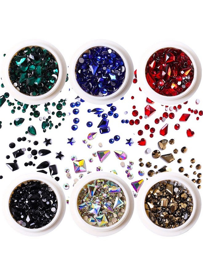 JERCLITY 6 Boxes Green Black Blue Gold Crystal AB Red Nail Rhinestones for Nails Flat Back Mix Color Multi Shaped Sized Nail Crystals Gems Stones Rhinestones for Nail DIY Crafts Clothes Shoes Jewelry - Image 1